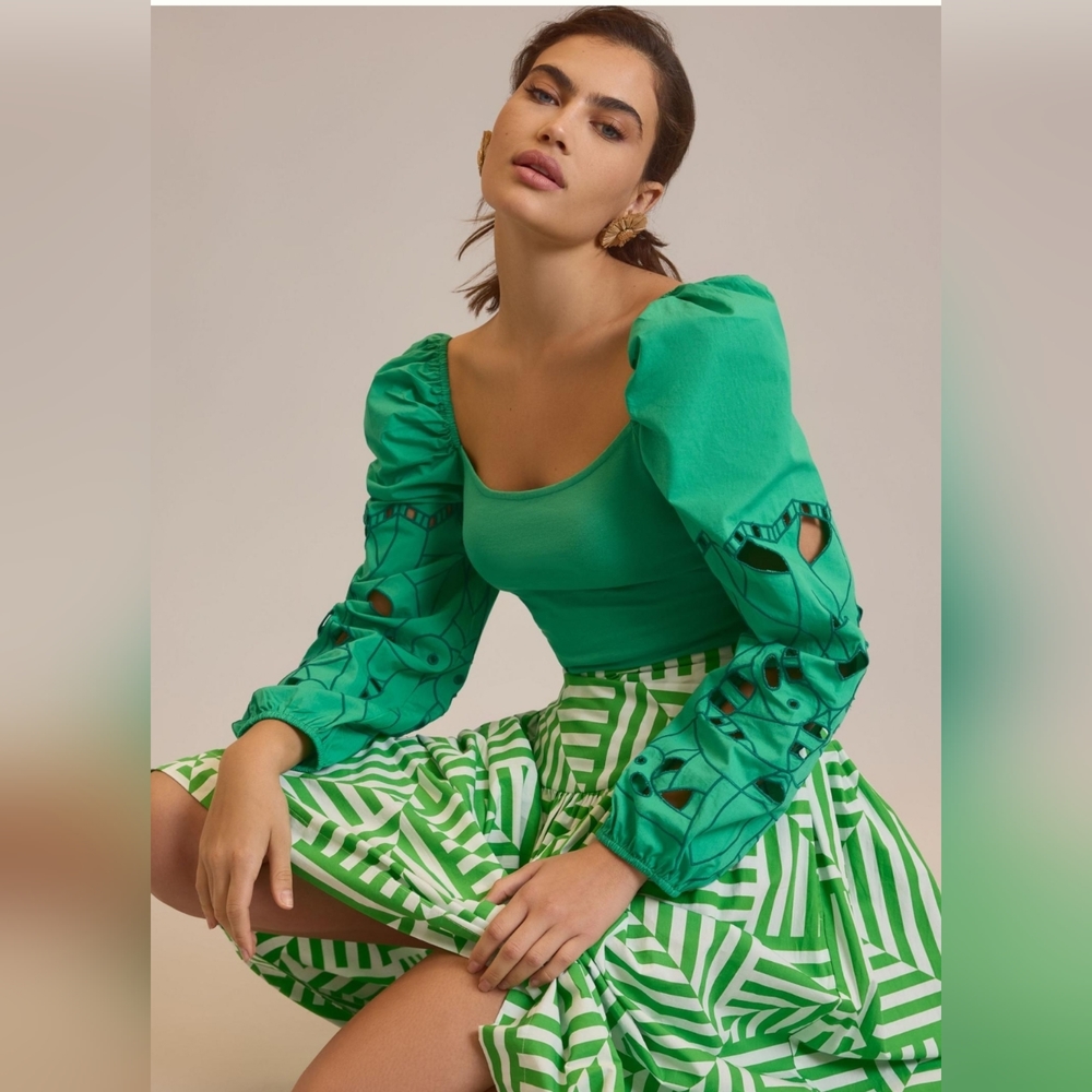 Anthropologie Green Puff Sleeve Blouse